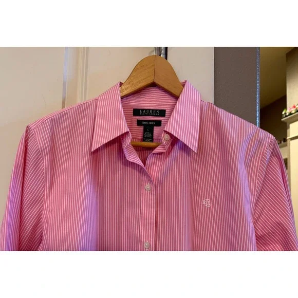 Wm LRL Lauren Ralph Lauren Pink and White Striped L No Iron Button Down Shirt - Picture 2 of 10